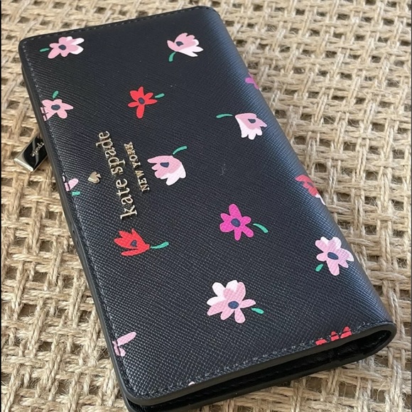 Kate Spade Staci Ditsy Buds Large Slim Bifold Wallet Black Multi Floral - Picture 5 of 5